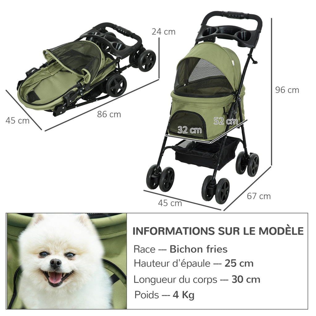 Poussette buggy pliable chien chat panier rangement porte-gobelets tissu 300D Oxford imperméable 4 roues vert Aosom