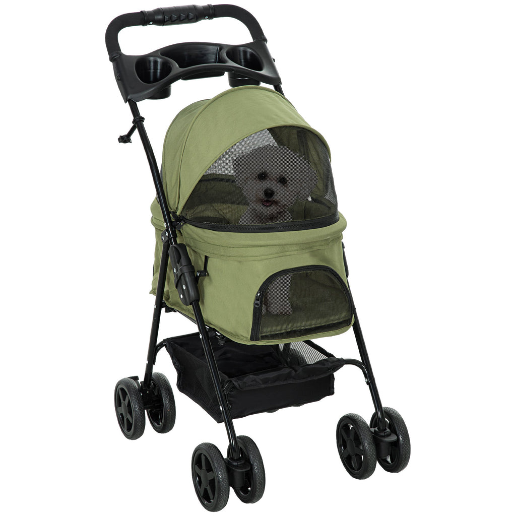 Poussette buggy pliable chien chat panier rangement porte-gobelets tissu 300D Oxford imperméable 4 roues vert Aosom