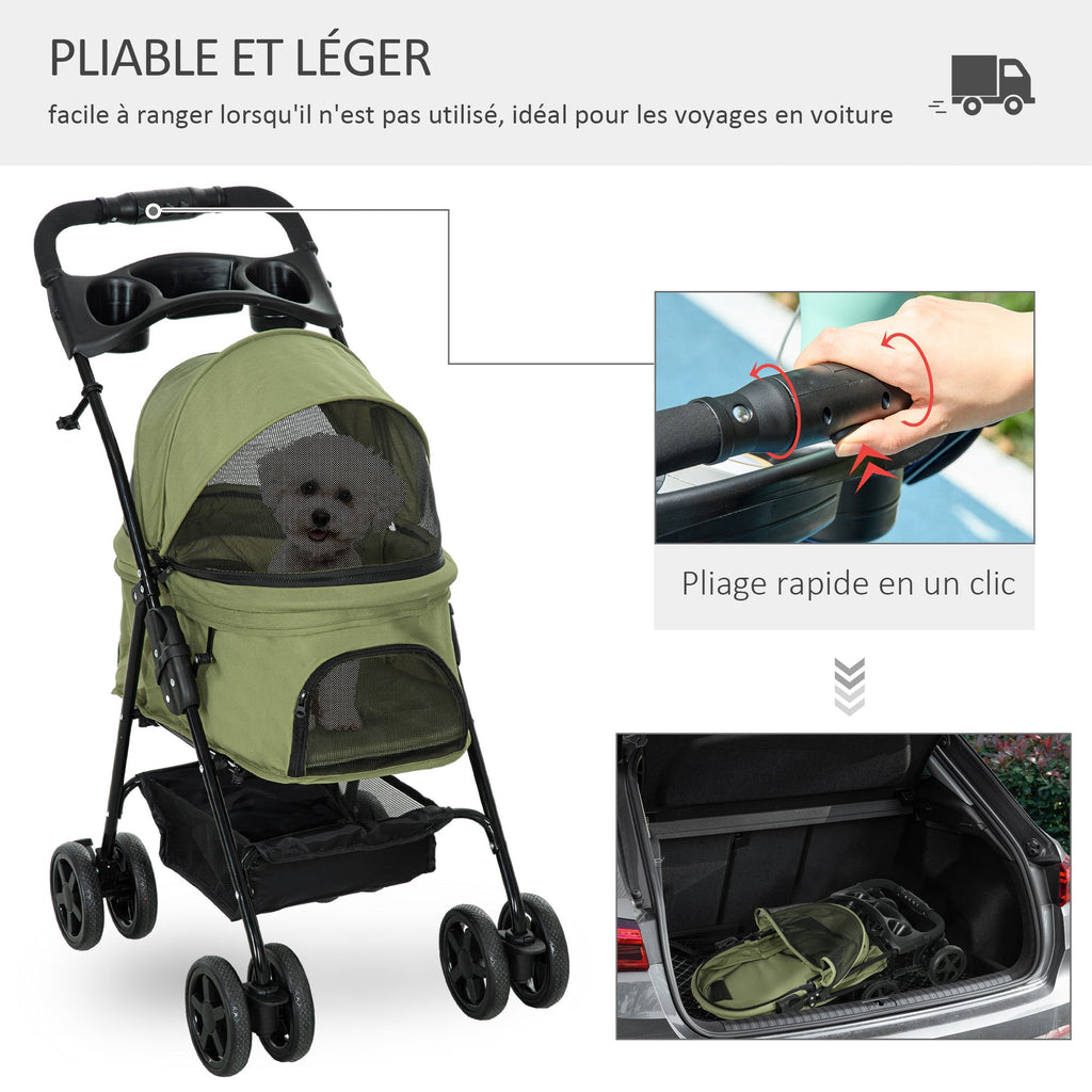 Poussette buggy pliable chien chat panier rangement porte-gobelets tissu 300D Oxford imperméable 4 roues vert Aosom