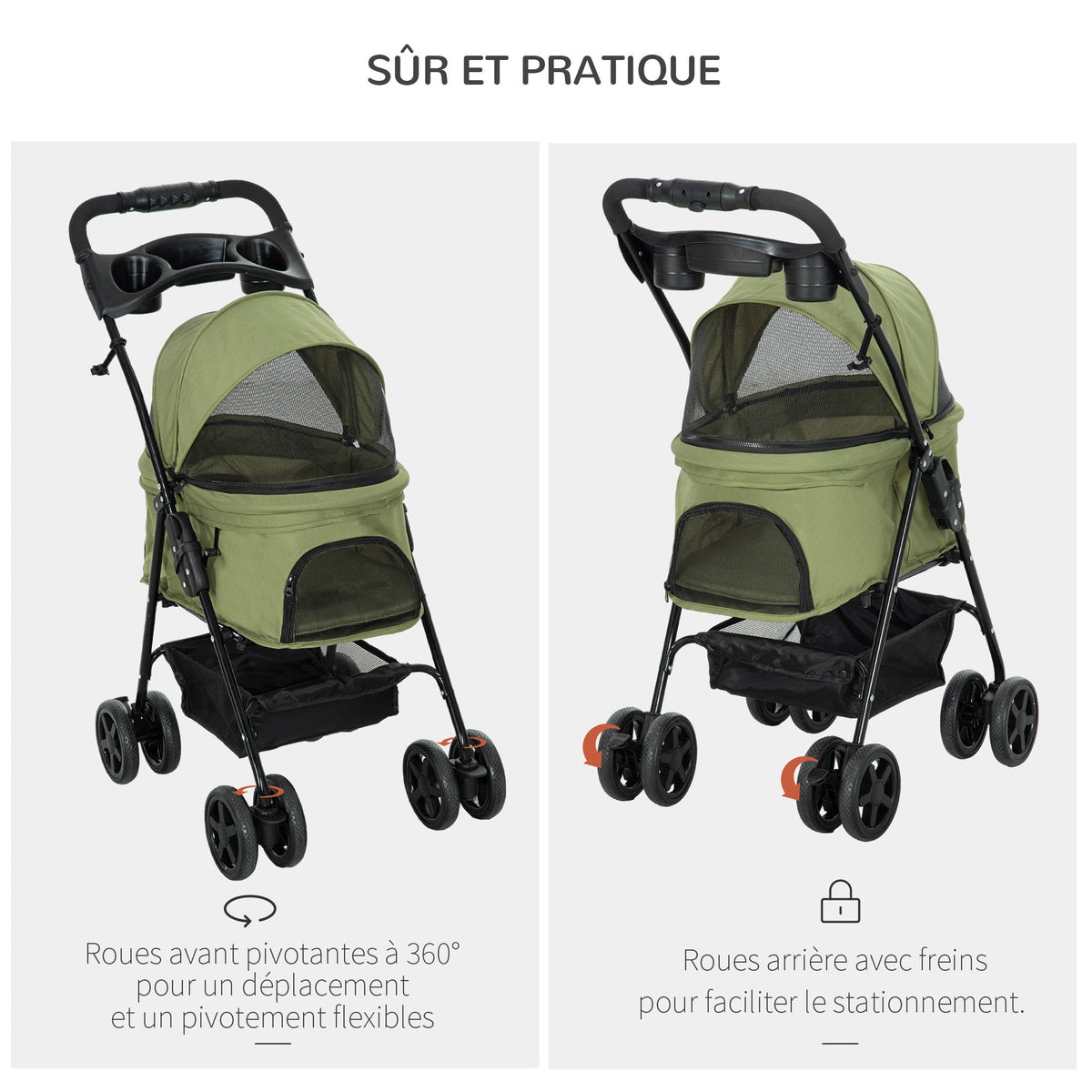 Poussette buggy pliable chien chat panier rangement porte-gobelets tissu 300D Oxford imperméable 4 roues vert Aosom